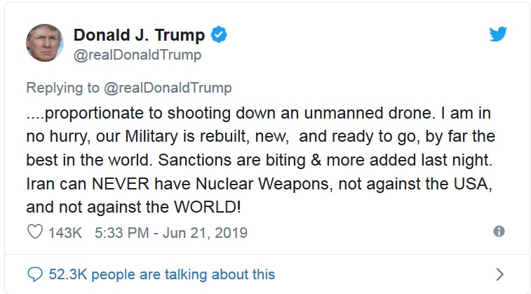 توئیت عجیب ترامپ درباره سرنگونی اشتباهی پهباد آمریکایی توسط سپاه
