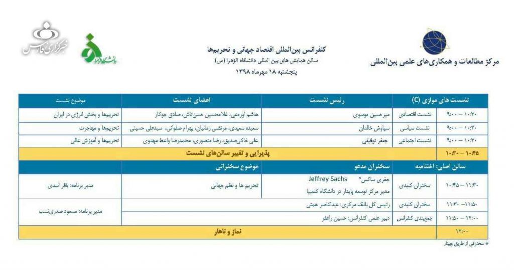 برنامه سخنرانی جفری ساکس در همایش اقتصاد جهانی و تحریم ها