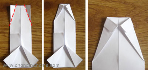 آموزش درست کردن جعبه کادو روز پدر مدل لباس مردانه کاغذ را برگردانید و گوشه های بالا را مثلثی تا بزنید