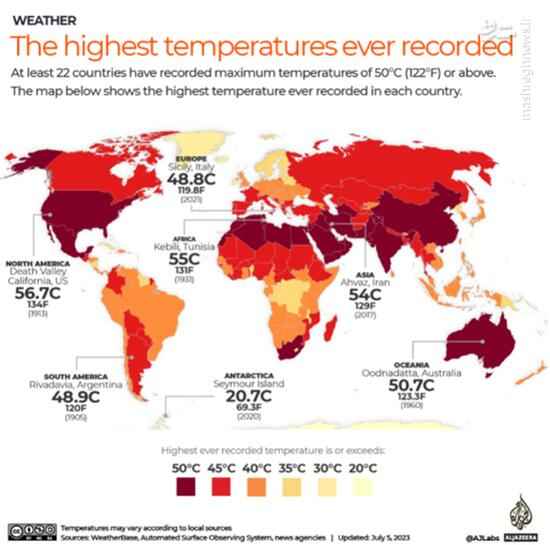 نقشه دمای ثبت شده در هر کشور